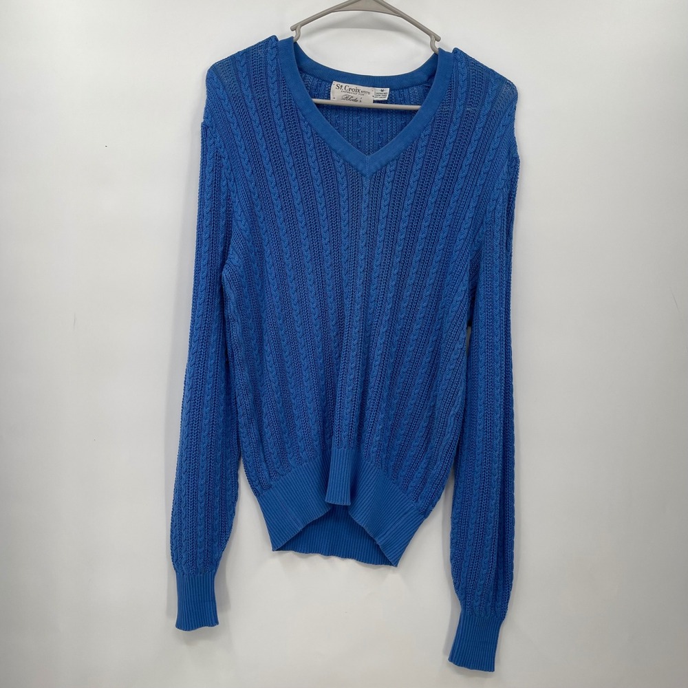 St.‎ Croix Knits Blue Cotton Cable Knit V Neck Sweater Womens Medium